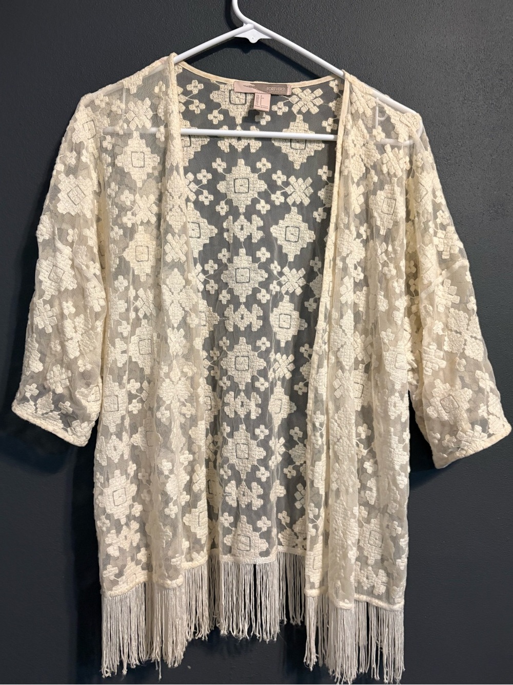 Forever 21 Off White Mesh Lace Fringe Kimono Cardigan - Small GUC
